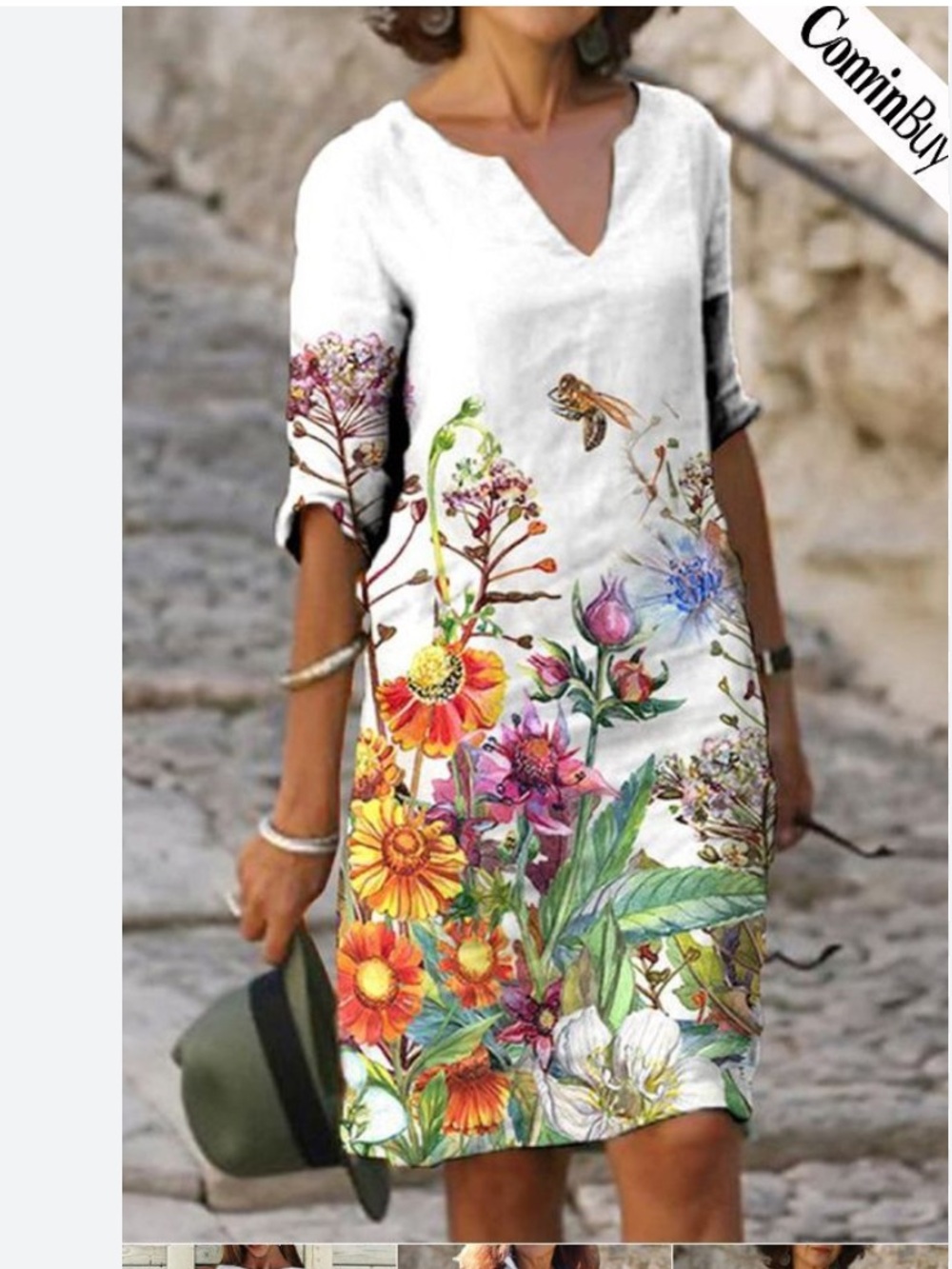 V-neck Floral Bee Print Dress White Pink Purple Green